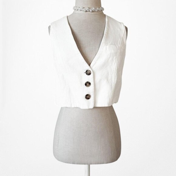 Zara White Button Front Sleeve Cropped Vest Top Size XS - Picture 3 of 6